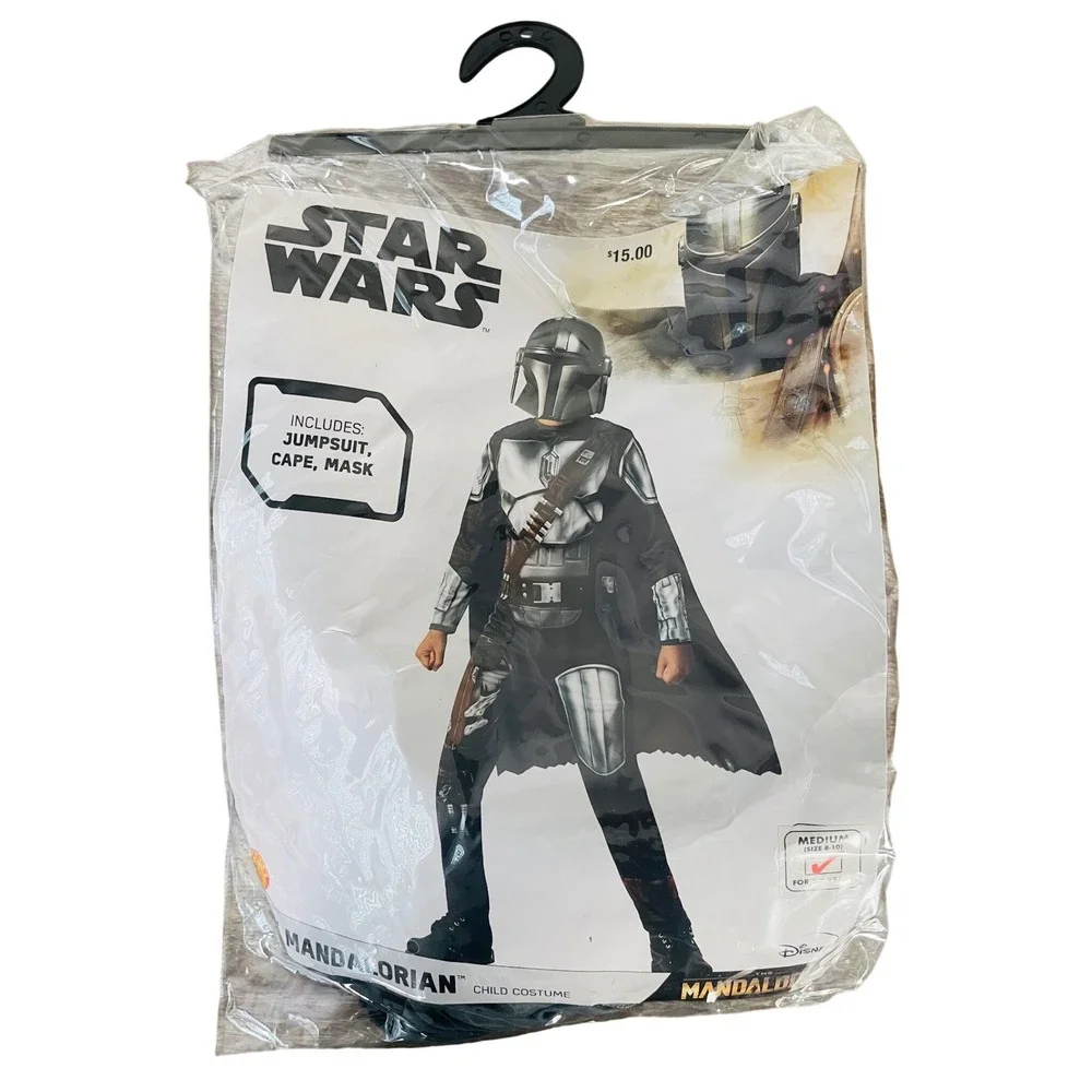 Mandalorian Costume Kids Medium 8-10 Star Wars Jumpsuit Mask Cape Jazwares